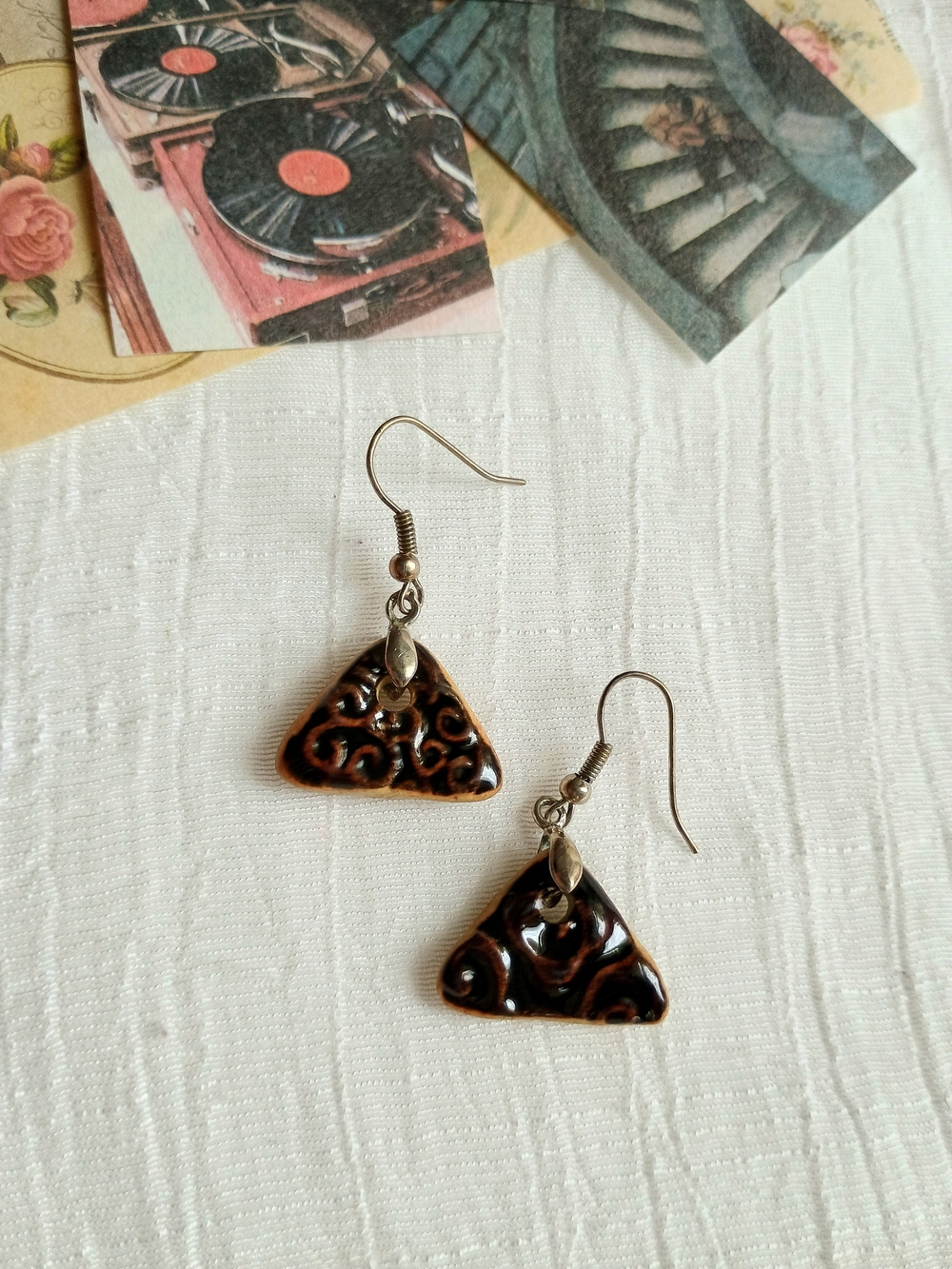 🍂 FALL VIBES 🍂 TRU VTG Artisan Espresso Glazed Clay Earrings, Eclectic Chic